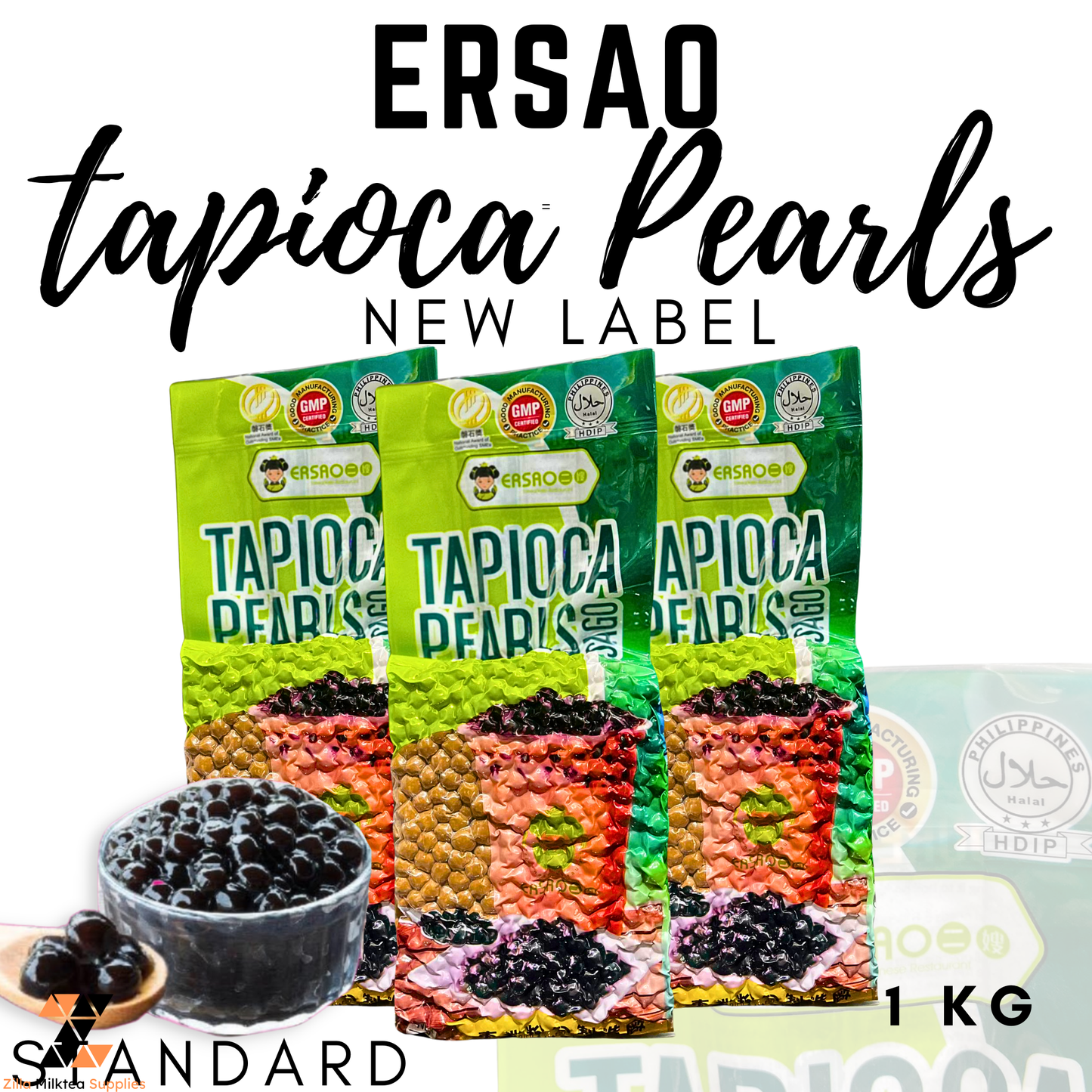 Ersao Tapioca Black Pearl Regular 1kg for Milktea, Milk Tea, Shakes and Frappe