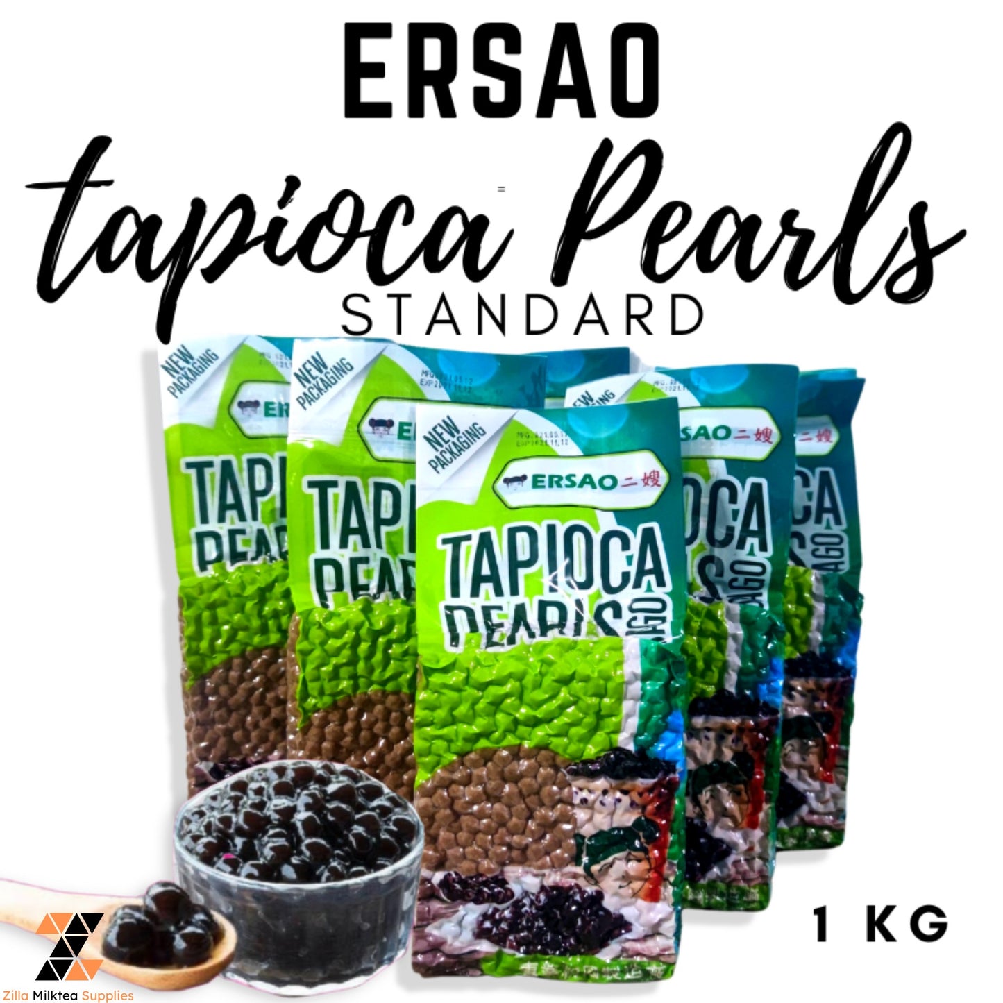 Ersao Tapioca Black Pearl Regular 1kg for Milktea, Milk Tea, Shakes and Frappe