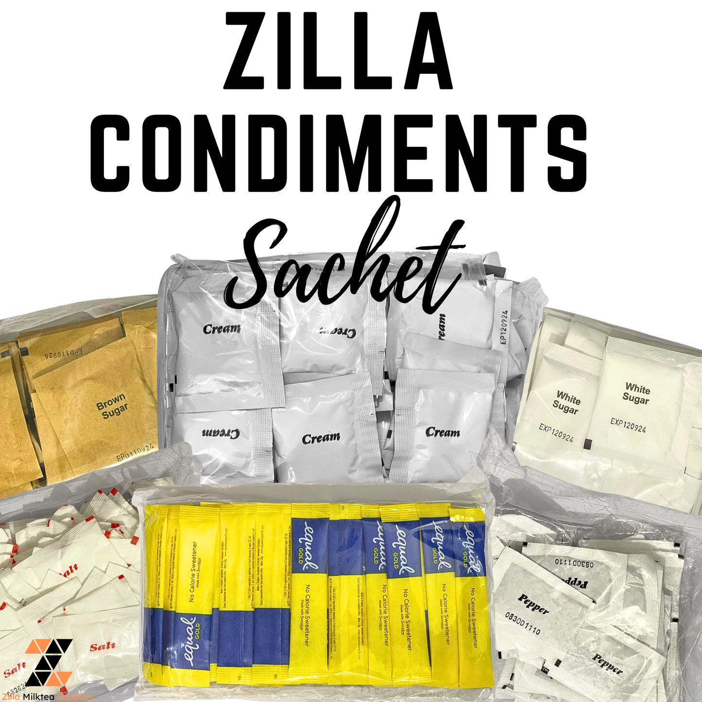 Zilla Condiments | Coffee, White Sugar Brown Sugar, Creamer, Equal Gold, Salt, Black Pepper, Stirrer