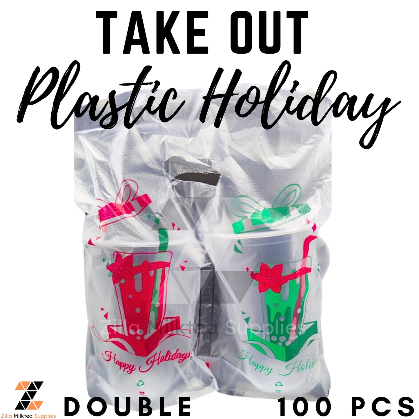 Take Out Plastic 100 pieces, Clear and Holiday Print Milk Tea, Fruit Tea, Green tea Shake, Frappe